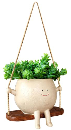 RuiDay Smiley Pots De Fleurs À Suspendre,Pot de Fleur Suspendu avec Visage Sourire Et Balançoire,Résine Pot Plante Interieur,Décoration Murale pour Intérieur, Balcon et Jardin