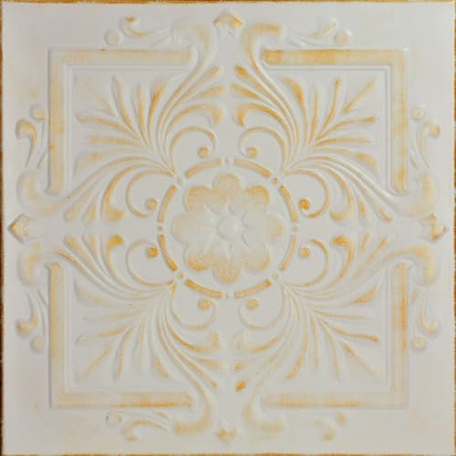 A La Maison Ceilings R14 Victorian Foam Glue-up Ceiling Tile (384 sq. ft./Case), Pack of 144, White Washed Gold