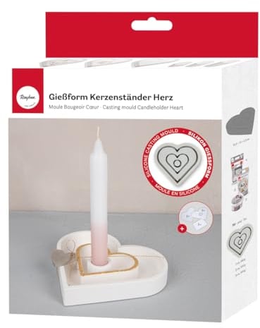 Rayher Silikon Gießform Kerzenständer Herz, 15,9 x 15 cm, Höhe 2,5 cm, inklusiv 3x5 Schablonen, zum Ausgießen mit Kreativ-Beton, Raysin-Gießpulver, 36166000