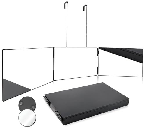 AstraLoom 360° 3-Wege-Friseurspiegel in Schwarz mit faltbarem Design und ausziehbaren Haken – Ohne LED-Licht, ideal für Make-up, Dusch- und Rasierspiegel in Ihrer täglichen Pflegeroutine