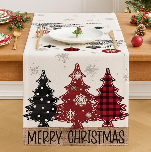 Vorysum Tischläufer Weihnachtsbaum Leinen Rot Schwarz Kariert mit Schneeflocken 140 x 40 cm Tischdeko Winter Esstisch Deko Bunte Bälle Beige