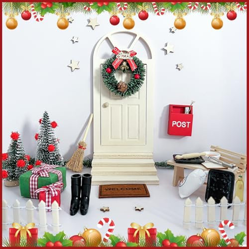Porta Elfo Natale Kit Porta Gnomo Set, Elfo Natale Accessori per Porte Elfo Set, Decorazioni per Elfi di Natale con Porta degli Elfi Natale Albero di Natale Recinzione Scala Striscia Tappeto