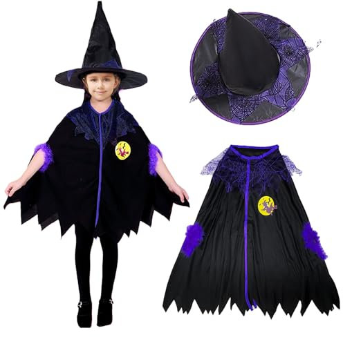 FUIPVGI 2 Stück Hexenkostüm Kinder,Hexenkostüm Mädchen,Hexenumhang mit Hut-Set, Halloween Kostüm Hexe Kostüm für Jungen und Mädchen, Halloween-Vampir-Rollenspiel-Kostüm Karneval Cosplay(2 PCS)