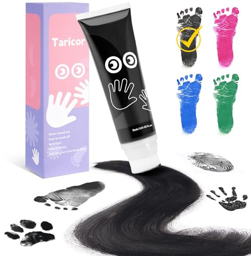 Taricor 75ml Kit Empreinte Bebe, Non Toxique Encre pour Empreinte Bebe Avec Attachement Éponge, Peinture Empreinte Bebe pour la Peau,Nouveau-nés Douche Cadeau Bebe Souvenir(Noir)