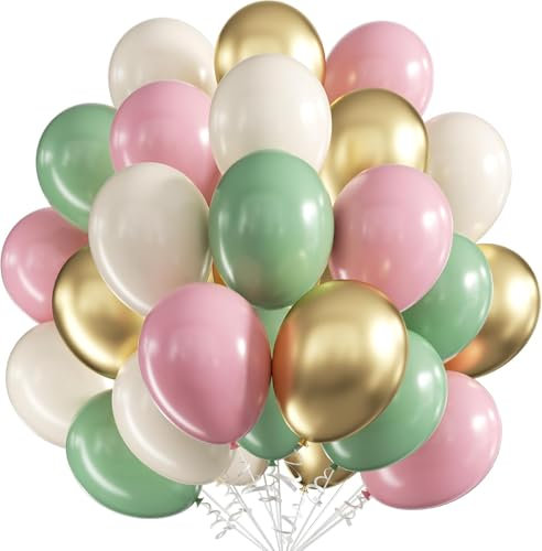 Ballons Vert Rose,60pcs Anniversaire Ballon Vert Sauge,12 Pouces Rose Rétro Ballon Or Confettis Ballons en Latex pour Filles Garçons Fête Anniversaire Baby Shower Mariage Baptême Décoration