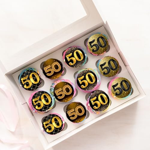 24 x Pre-Cut 50th Gold Happy Birthday Edible Stand Up Wafer Rice Paper Cupcake Toppers Cake Decorations For Party