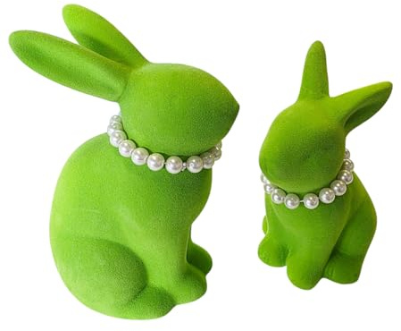 MACOSA WV559_x2 Osterhase mit Perlenkette 2er Set beflockt Grün Steingut Dekohase Hase Skulptur Oster-Deko Osterdekoration Figur Dekohase Dekofigur Tischdeko (Grün)