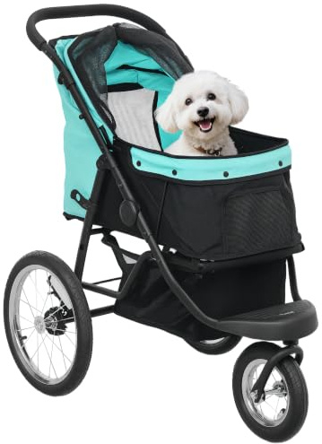 PawHut Hundewagen Jogger Klappbar für Kleine Hunde & Katzen 10 kg Türkis | Hundebuggy, Katzenbuggy, 3 Große Gummiräder, Kissen, Netzfenstern, Aufbewahrungskorb, Katzenwagen mit Sicherheitsleinen
