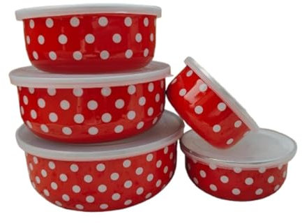 Amagogo 5 Pieces Enamel Bowls with Lids, Versatile Nesting Containers for Food Serving, Red
