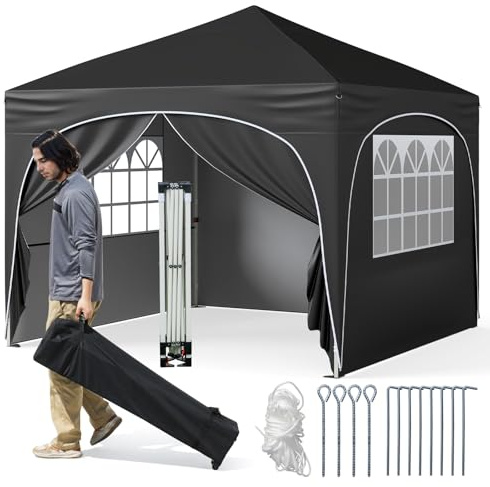 COSTWAY Pavillon 3x3 m, Faltpavillon mit 4 abnehmbaren Seitenwänden & 4 Sandsäcke, Gartenpavillon UV-Schutz 50+ inkl. Rolltasche, 8 Heringe, 4 Anker, 4 Windseile, Gartenzelt für Garten (Schwarz)