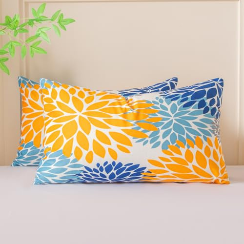 Miuyunya Lot de 2 Housse Coussin Bleu 30x50 Jaune Housses de Coussin Velours Canapé Décoratif Moderne Dahlia Motif Taie d'oreiller Rectangulaire Decoration pour Canapé Chambre Sofa Chaise Salon