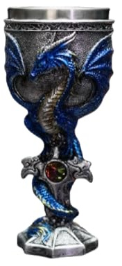 Mqnnfc Calice da vino con drago fantasy, bicchiere da vino creativo con drago, bicchiere con stelo con drago guerriero stereoscopico 3D, bicchieri da bere in acciaio inossidabile con motivo(Blue)