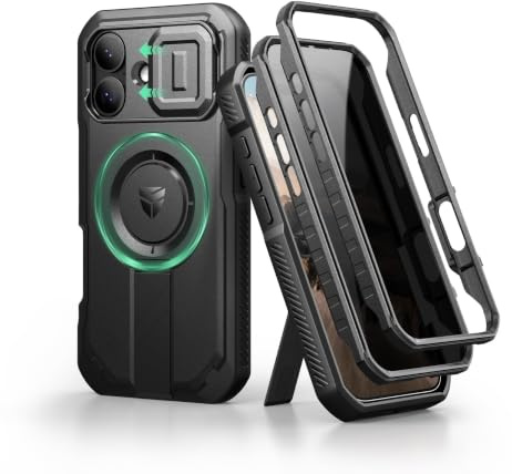 Dexnor pour Magnétique Coque iPhone 17 avec Cache Caméra Coulissant & Kickstand Réglable & Protecteur d'Écran Intégré Confidentialité, Robustes Couverture Protection Coques - Confidentialité Noir