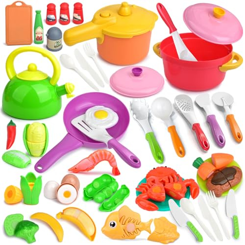 Accessoire Cuisine Enfant 66PCS avec Pots et Casseroles,Ustensile Cuisine EnfantsFruit et Legumes Jouet a Decouper,Chef Jeu de rôle avec,Jeu de Rôle Enfants Cuisines Cadeau Fille Garcon 3 4 5 6 7 Ans