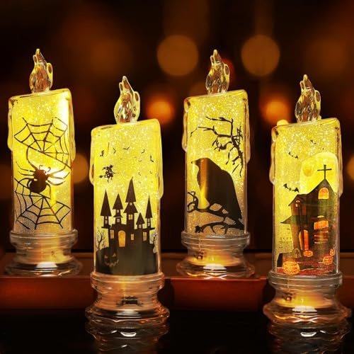 Flanliy Halloween Deko LED Kerzen, 4 Stück Halloween Kerzen mit Krähe Spinne Schloss Muster, LED Kerzen mit Sockel, Elektrische Kerzen Batteriebetrieben für Helloween Deko Innen, Tischdeko (A)