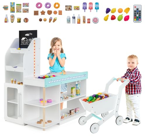 HOMASIS Supermarkt mit Einkaufswagen, Kaufladen mit Kasse, Tafel, 3 LED-Lichtstreifen, Fernbedienung & 39 Zubehör, Kaufmannsladen Holz, Verkaufsstand Einkaufsladen für Kinder ab 3 Jahren