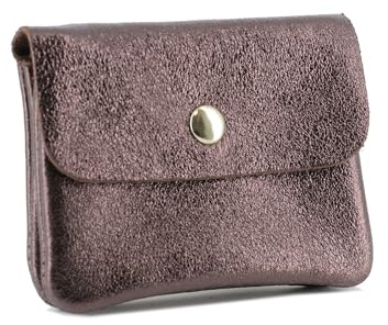 Double Tree | Petit Porte-Monnaie Femme Cuir Irisé Chocolat Court | Mini portefeuille Fin Italien | brillant à rabat élégant | Format enveloppe | Léger et pratique