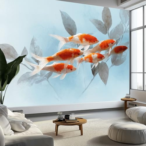 Tapete Fototapete 3d Effekt Tusche Koi Fische Blätter, 200 x 140 cm (B x H) Wandbild Wanddeko für Wohnzimmer Schlafzimmer, Hellblau Vlies Tapeten mit Geruchsfreiheit Wandposter Wandkunst