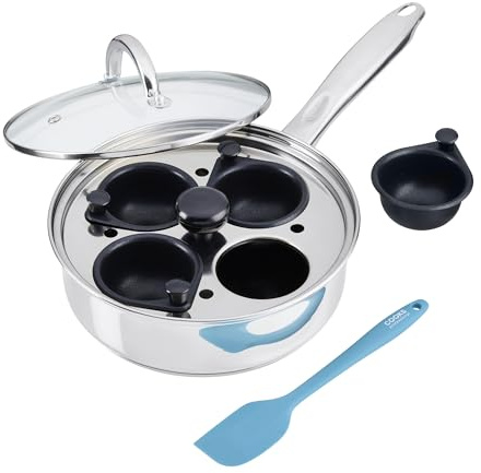 Cooks Professional 4 Cup Stainless Steel Egg Poacher Pan with Spatula, Glass Lid, Non-Stick Coating & Stay Cool Handles | Versatile Egg Poaching or Sauté Cooking Pot | Suitable for All Hobs