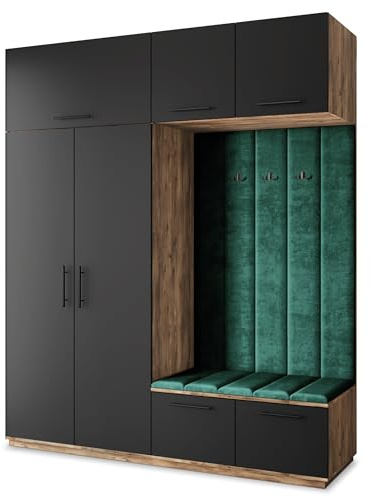 Masseno Flugarderoben Set Rema, Kleiderschrank-Set mit Sitzbank, Garderobenschrank Flur mit 5 Regalböden, Eiche Lefkas/Schwarz