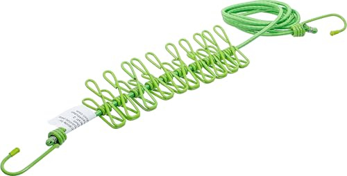 BGS DIY 85535 | Wäscheleine | flexibel 1,9-2,4 m | mit 10 Clips | Indoor und Outdoor | Polypropylen (PP) und Stahl | UV-beständig | Fixierhaken | Farbe Grün