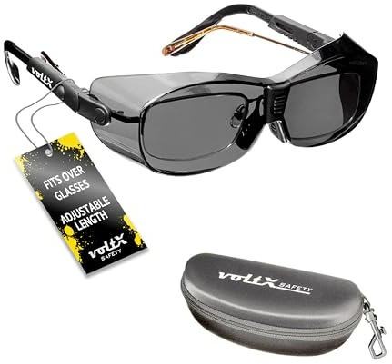 voltX 'RETRO SAFETY OVERGLASSES' with Case – Suitable as FITOVERS for SMALL/MEDIUM size spectacle frames – Can also be worn as regular safety glasses. UKCA & CE EN166ft certified (Smoke Lens)