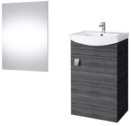 Planetmöbel Badmöbel Set Waschtisch mit Unterschrank 45 x 60 x 33 cm, Spiegel mit Beleuchtung 50 x 90 cm für Badezimmer, Gäste WC & Bad, Anthrazit