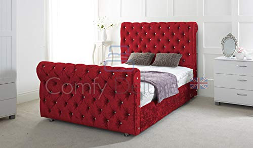 Chesterfield Sleigh Bed in Crushed Velvet |Bed Frame Only (Small Double 4FT, Red)