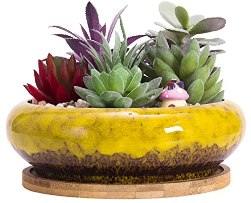 ARTKETTY 18,5 cm Rund Sukkulente Pflanzgefäße Töpfe Mit Drainageloch Bonsai Töpfe Garten Dekorative Kaktusständer Keramik Glasiert Kaktus Blumentöpfe Gelb, Mit Bambusuntersetzer