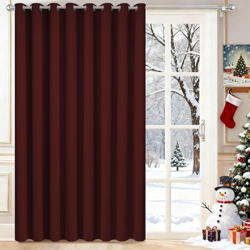Yakamok Extrabreiter Verdunkelungsvorhang für Glasschiebetüren, Thermoisolierter Raumteiler-Vorhang, 250 x 213 cm (B x H), 1 Panel, Burgunderrot