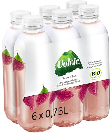Volvic Bio Tee Hibiskus – natürliches Mineralwasser & Tee-Aufguss/Hibiskus Tee mit Litschi&Maracuja-Geschmack/zuckerreduziert*/wenig Kalorien/6x0,75L , 6 x 750 ml