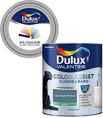 Ma Couleur Sur-Mesure par Dulux Valentine – Peinture Intérieure Murs, Plafonds, Boiseries - Palette Naturelle, Cuisine & Bain Satin, Vert Marin Profond, 0,75 L