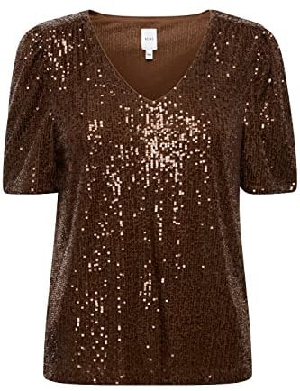 ICHI IHFAUCI S2 Damen Kurze Bluse Kurzarm Pailettenbluse mit V-Ausschnitt Regular Fit, Größe:XS, Farbe:Coffee Bean (190915)