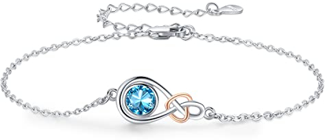 TwoAnts Infinity Armband Damen 925 Sterling Silber Unendlichkeit Herz Verstellbar März Geburtsstein Charms Armbänder Valentinstag Muttertag Geburtstags Weihnachten Geschenk für Mädchen