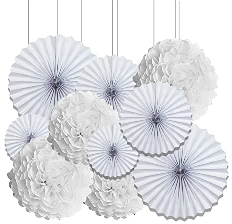 Vsosfiza White Hanging Paper Fan and Tissue Paper Pom poms(10 Pieces)