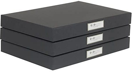 Bigso Sven Dokumentenbox aus Faserplatte, klassisch, aufklappbar, Dokumentenbox für wichtige Dokumente, Aufbewahrungsbox mit Scharnierdeckel und Etikettenfenster, 3 Stück, Dunkelgrau