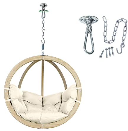 AMAZONAS Globo Chair Set - FSC-zertifizierter Premium Hängesessel mit Wetterfestem Kissen & Power Hook Deckenhaken | In- und Outdoor | Belastbar bis 120 kg (Natura)