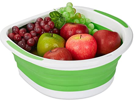 Relaxdays Scolapasta Pieghevole, Bacinella Colapasta Salvaspazio, Ciotola Scolatutto Plastica, 13,5x33,5x32,5 cm, Verde