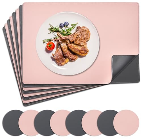 NOSTHEART Tischsets Abwaschbar 8er Set, Platzsets Abwischbar Tischsets Leder Hitzebeständig rutschfest Platzdeckchen mit Untersetzer Rund, Doppelseitigen Mit Randnähten, Rosa Grau