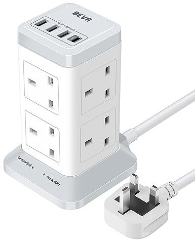 Tower Extension Lead with USB Slots 3M, BEVA 8 Way Surge Protected Extension Tower(2100J) with 1 USB-C&3 USB-A Ports, UK Plug Extension Socket with Overload Protection Switch for Home Office School…