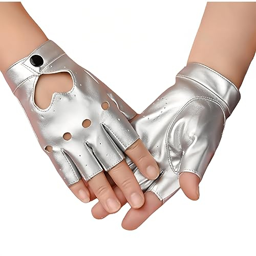 SamHeng fingerlose PU Lederhandschuhe für Frauen halbe Fingerhandschuhe kurze Leder Punk Handschuhe für Halloween Cosplay Kostüm Tanzparty Kostüme Accessoires, Silber