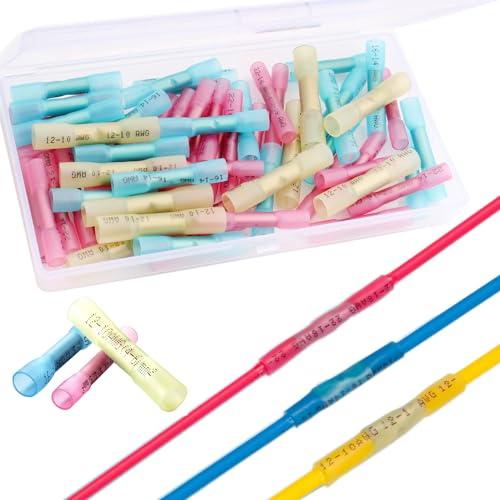VISSQH 60 pezzi Connettori di Testa Filo Saldato,connettori termorestringenti Terminali a Saldare,connettori per cavi impermeabili (Rosso 30+ Blu 20 + Giallo 10)