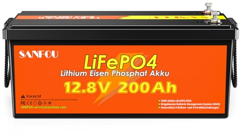 SANFOU 12V 200 Ah LiFePO4 Batterie, 2560Wh Lithium Akku mit 100A BMS, 5000-15000 Mal Deep Cycle Batterien, Unterstützung 4S4P, perfekt als Stromquelle für Wohnmobile Camping