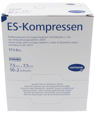 ES Mullkompressen, steril 7,5 x 7,5 cm, 17-fädig, 8-fach, Art. 4019010 (1 Packung = 50 x 2 Stück)
