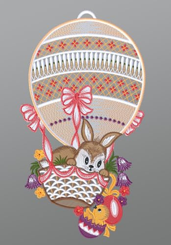 Plauener Spitze Fensterbild Hase im Heißluftballon und Küken (Bx H) 19cm * 33cm Mehrfarbig Fensterdekoration Fensterschmuck