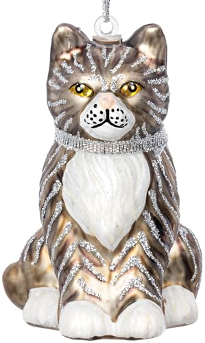 SIKORA BS625 Katze grau schwarz getigert Christbaumschmuck Glas Ornament Weihnachtsbaum Anhänger