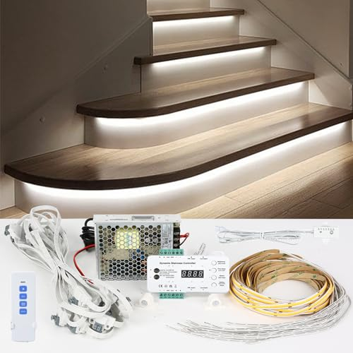 XLSBZ LED-Treppenstufenbeleuchtung mit Bewegungsmelder & Tageslichtsensor,16 Stufen LED Treppenlicht Streifen (16 Schritte RL-STEP-09-4000K)