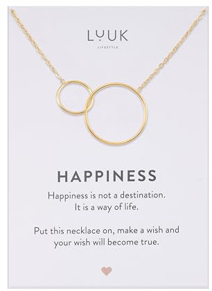 LUUK LIFESTYLE Collar de acero inoxidable con colgante de anillos entrelazados, joyería elegante con tarjeta HAPPINESS, regalo atemporal para mujer en San Valentín o día de la madre, dorado