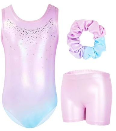 Gogokids - Set da ginnastica a tre pezzi per ragazze, body senza maniche con pantaloncini e fascia, vestito da ginnastica con design a colori scintillanti sfumati, età 3-12 anni, Rosa blu, 130(120-130