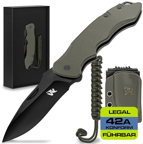 Wolfgangs FEROX Zweihandmesser Klappmesser aus feinstem D2 Stahl und Ebenholz-Griff - Legale mitführbares Taschenmesser Klappmesser - Outdoor Survival Messer - Klappmesser Outdoor + Leder Holster